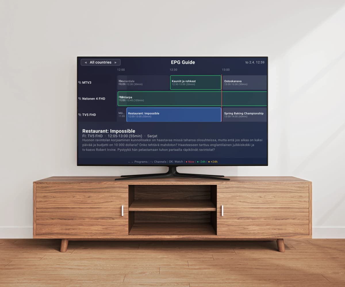 Easy IP TV live TV channel list with EPG program guide and channel logos on a Smart TV