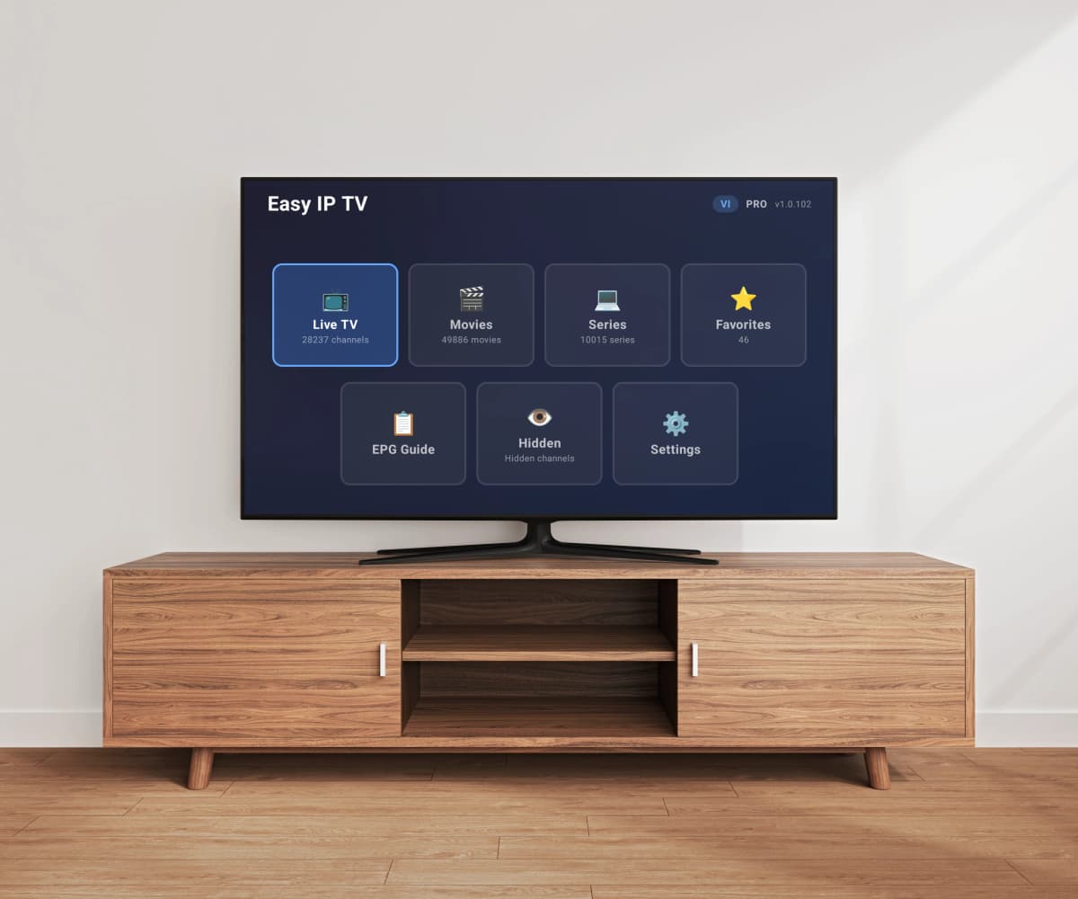 Easy IP TV app on a Smart TV — server-side IPTV processing with instant channel loading