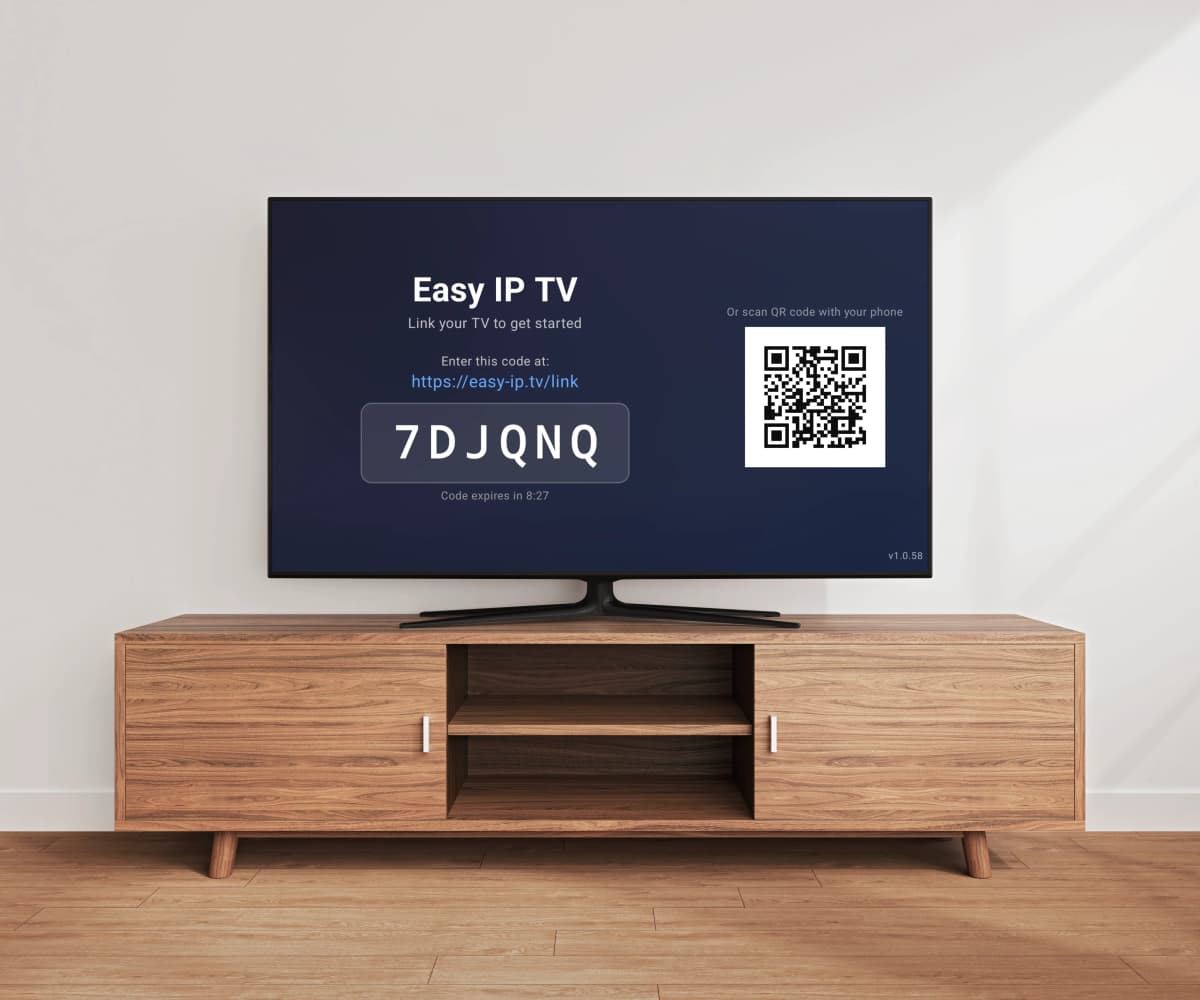 Easy IP TV device linking screen with 6-digit code and QR code for quick TV setup